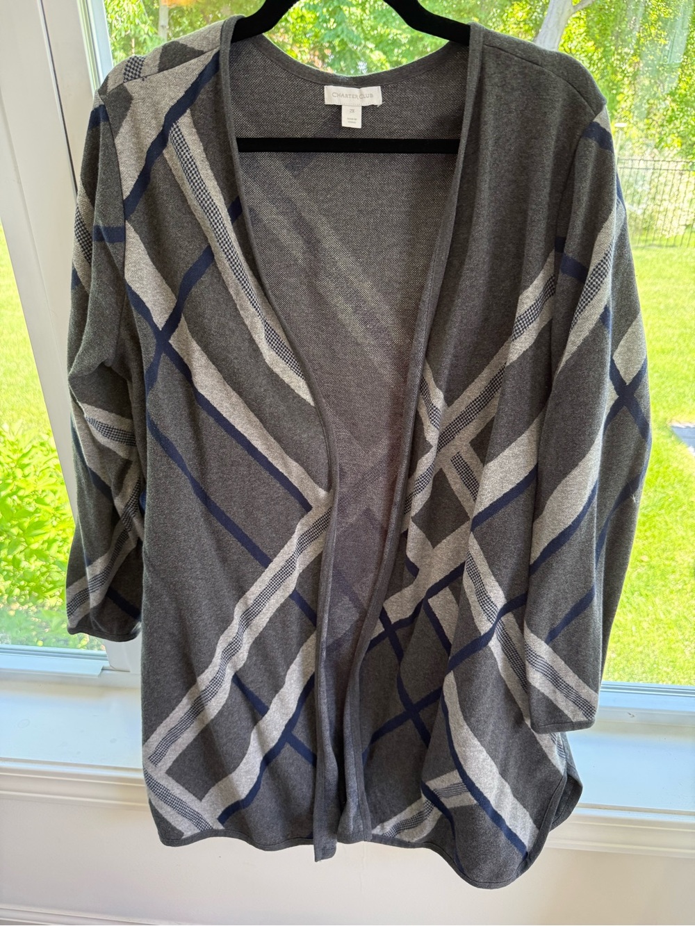 Charter Club Gray Open-Front Plaid Cardigan with Navy Accents
